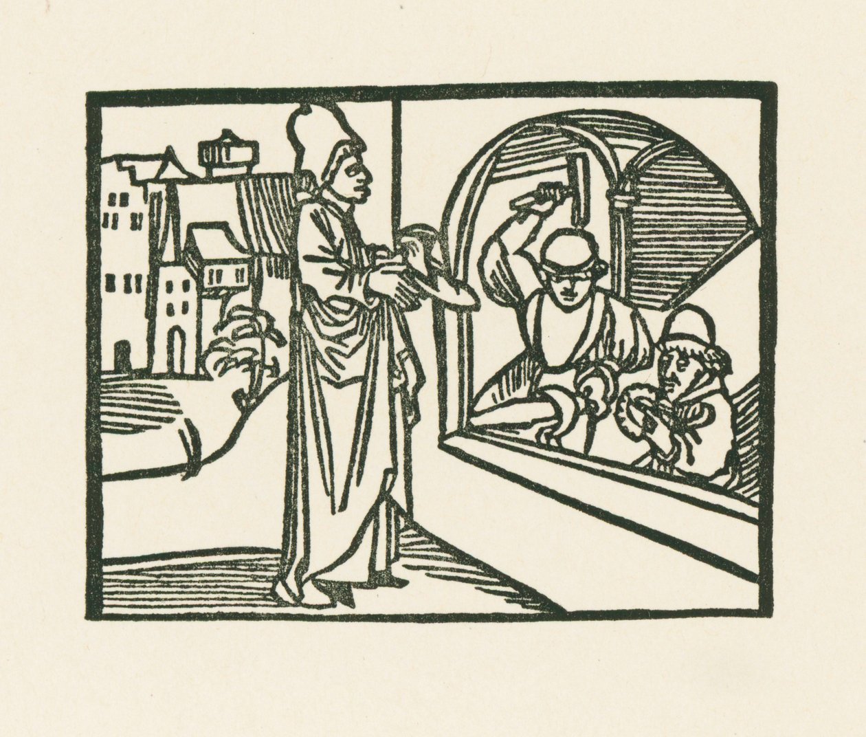 Pappi vie kenkänsä kultasepälle, noin 1489-90 (puupiirros). tekijältä Albrecht Dürer or Duerer