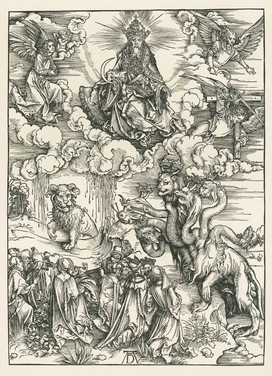 Merihirviö ja peto, jolla on karitsan sarvet. Johanneksen ilmestys, noin 1496-97 (puupiirros). tekijältä Albrecht Dürer or Duerer