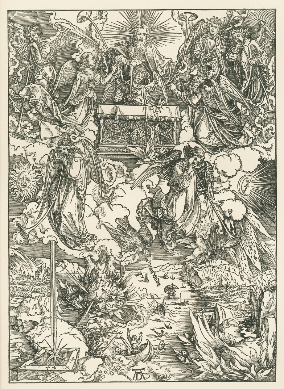Seitsemän pasuunaa annetaan enkeleille. Johanneksen ilmestys, noin 1496-97 (puupiirros). tekijältä Albrecht Dürer or Duerer