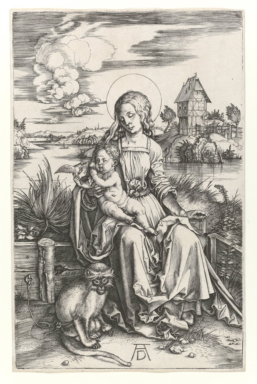 Neitsyt apinan kanssa, n.1498 (Burin-kaiverrus) tekijältä Albrecht Dürer