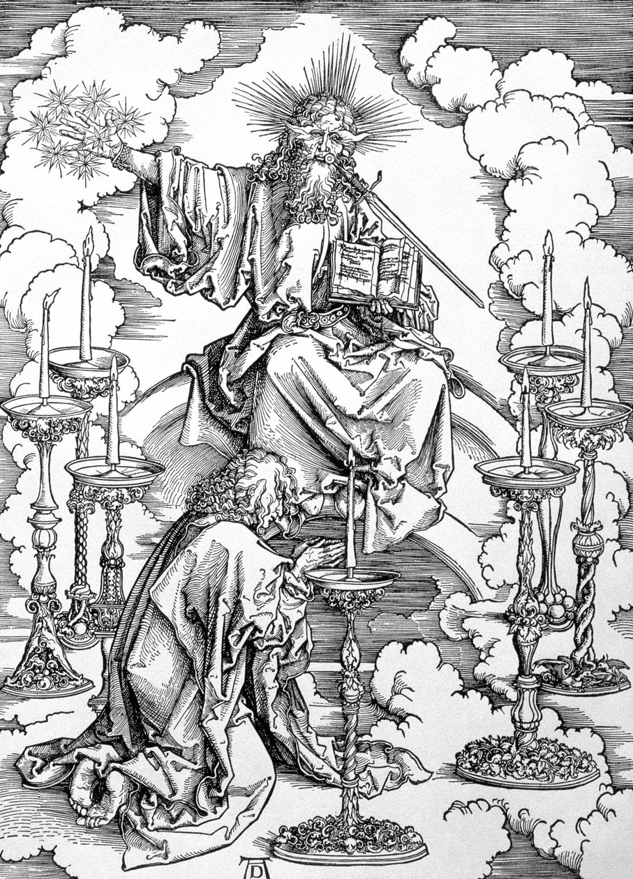 Seitsemän kynttilänjalan näky "Apokalypsi" tai "Pyhän Johannes Jumalansynnyttäjän ilmestykset", pub. 1498 (puupiirros) tekijältä Albrecht Dürer