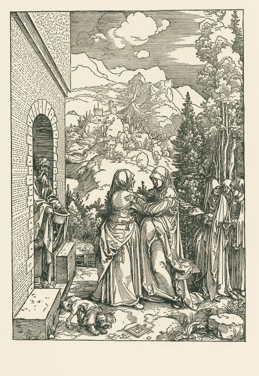 Vierailu - Pyhä Maria vierailee pyhän Elisabethin luona, noin 1503-04 (puupiirros). tekijältä Albrecht Dürer or Duerer