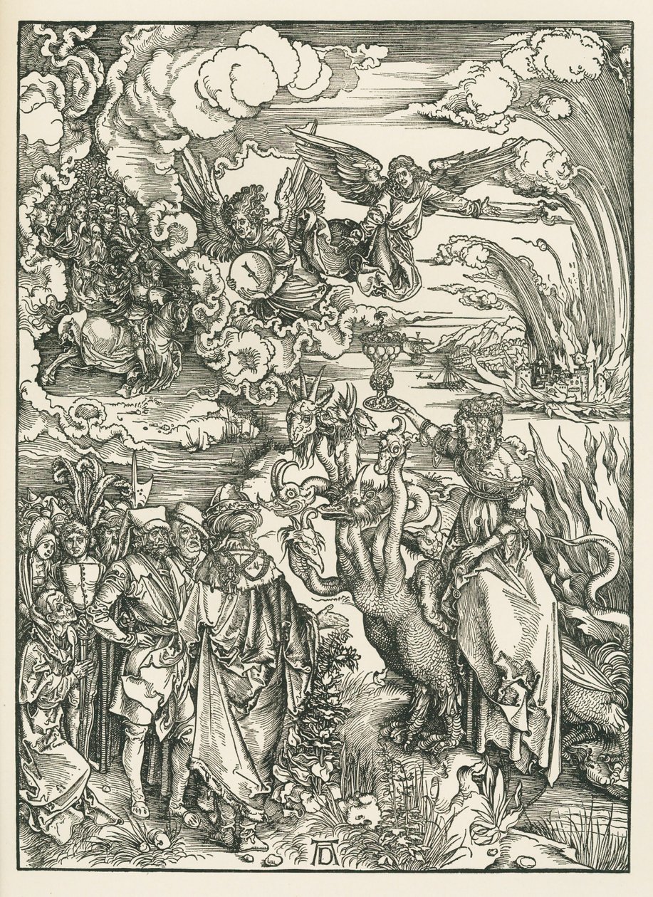 Babylonin huora. Johanneksen ilmestys, noin 1496-97 (puupiirros). tekijältä Albrecht Dürer or Duerer