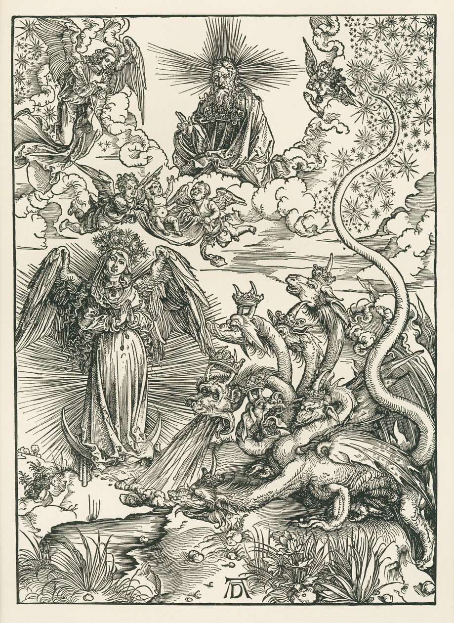 Aurinkoon puettu nainen ja seitsenpäinen lohikäärme. Johanneksen ilmestys, noin 1497 (puupiirros). tekijältä Albrecht Dürer or Duerer