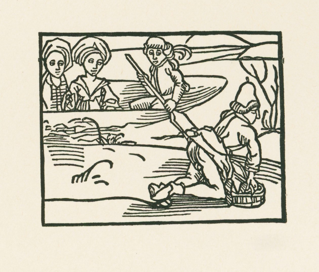 Herttuatar on veneessä veden päällä, jossa pappi pesee alusvaatteensa, n.1489-90 (puupiirros). tekijältä Albrecht Dürer or Duerer