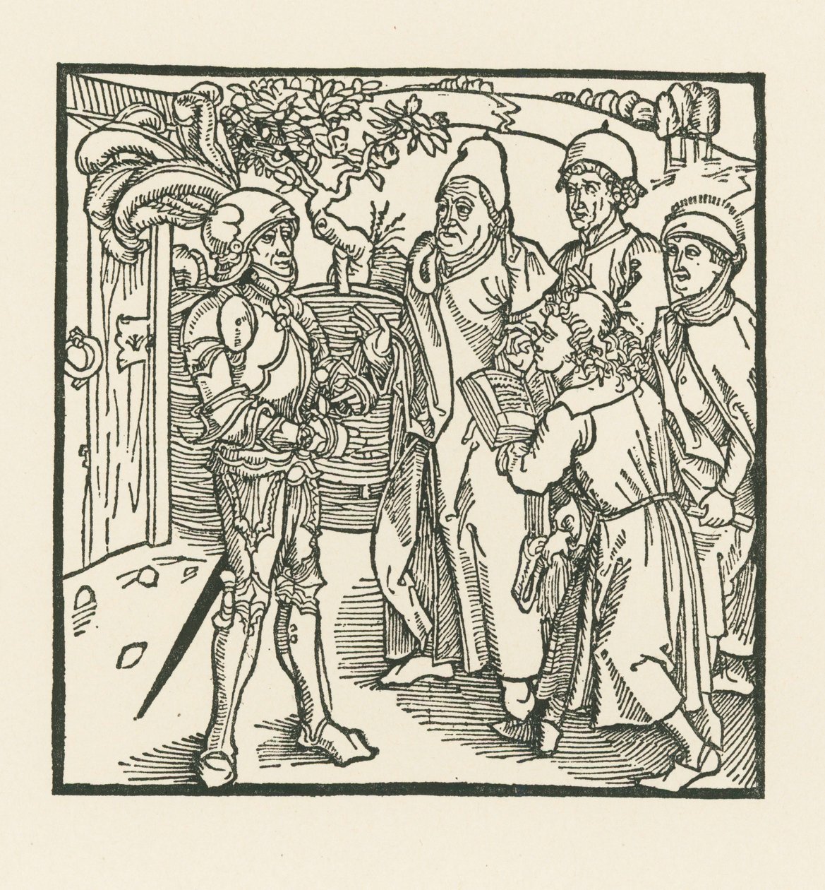 Ritari antaa kahdelle kirjurille ja kahdelle papille tehtäväksi laatia tämä kirja. tekijältä Albrecht Dürer or Duerer