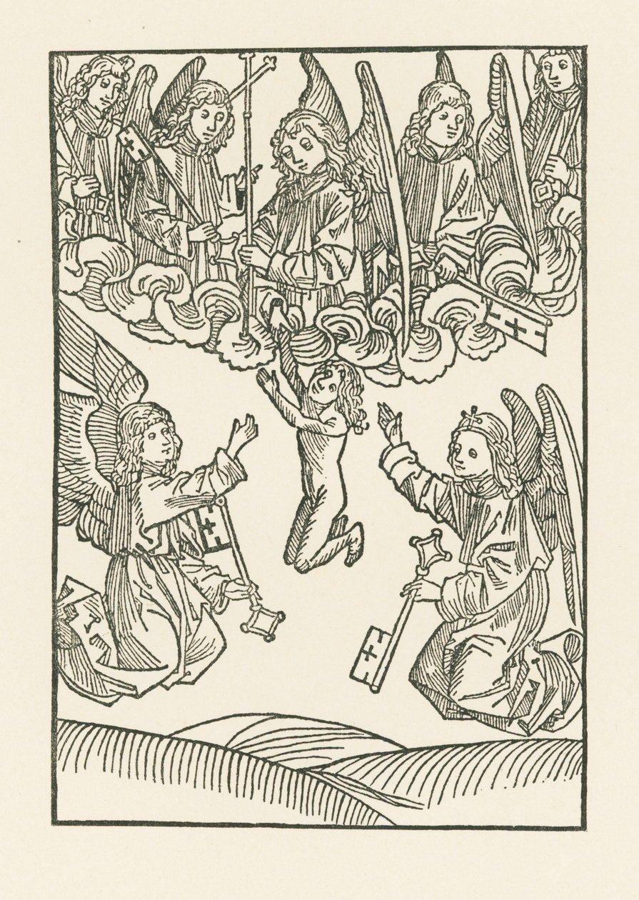 Seitsemän enkeliä, joilla on risti ja kuusi avainta, joilla he avasivat taivaan kuudelle laupeuden teolle, ottavat sielun vastaan taivaaseen. tekijältä Albrecht Dürer or Duerer