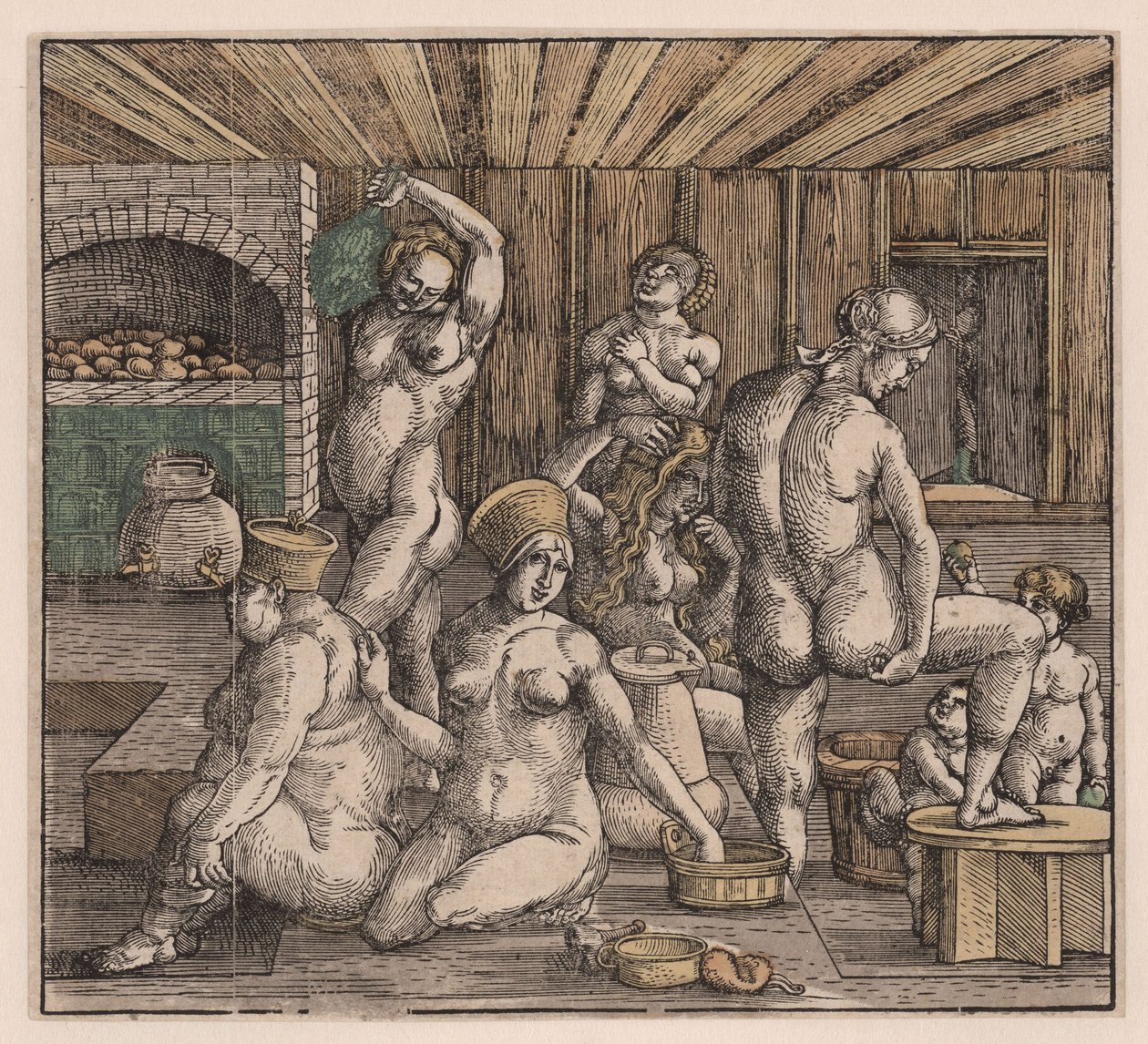 Naisten kylpy, kirjoittanut Duerer, Albrecht (1471-1528). Puupiirros, akvarelli, c. 1500. Mitat: 21,8x23,9 cm. Yksityinen kokoelma tekijältä Albrecht Dürer