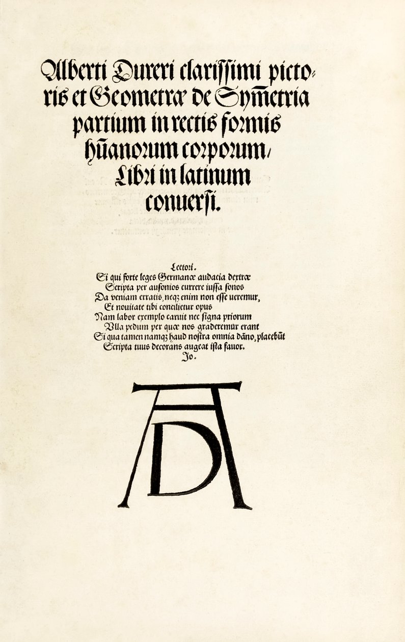 Nimisivulla Durerin puupiirrosmonogrammi teoksesta "Hierinn sind vier bücher von Menschen Proportion" tekijältä Albrecht Dürer
