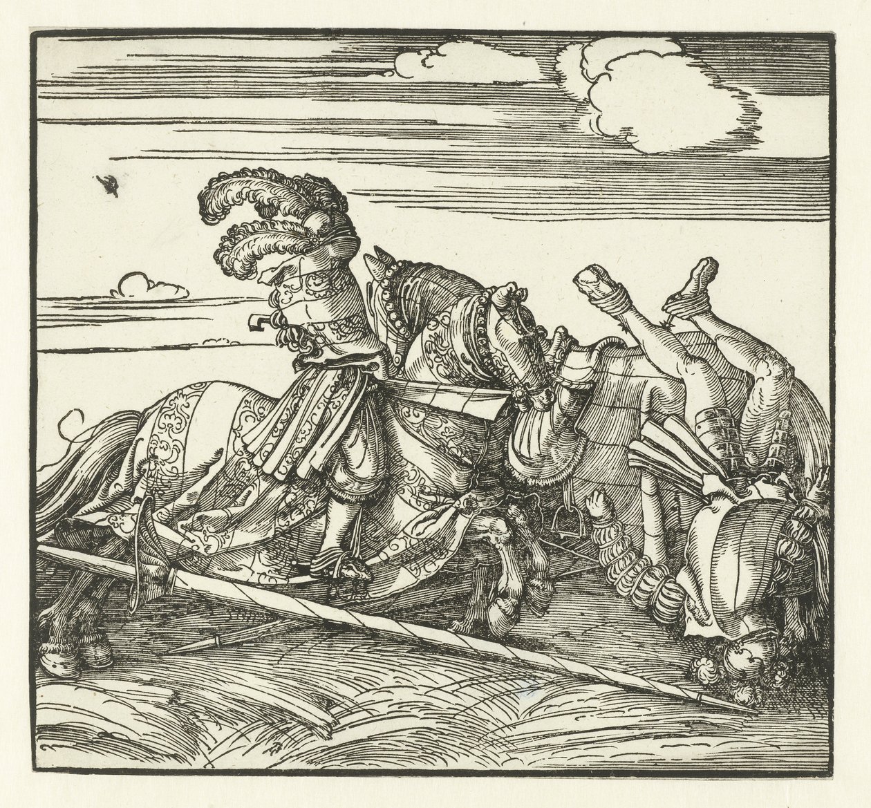 Kaksi ratsastajaa taistelevat hevosen selässä tekijältä Albrecht Dürer or Duerer
