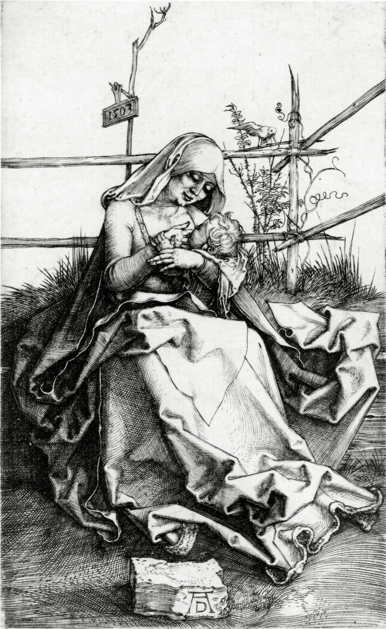 Neitsyt ja lapsi istuvat ruohopenkillä tekijältä Albrecht Dürer