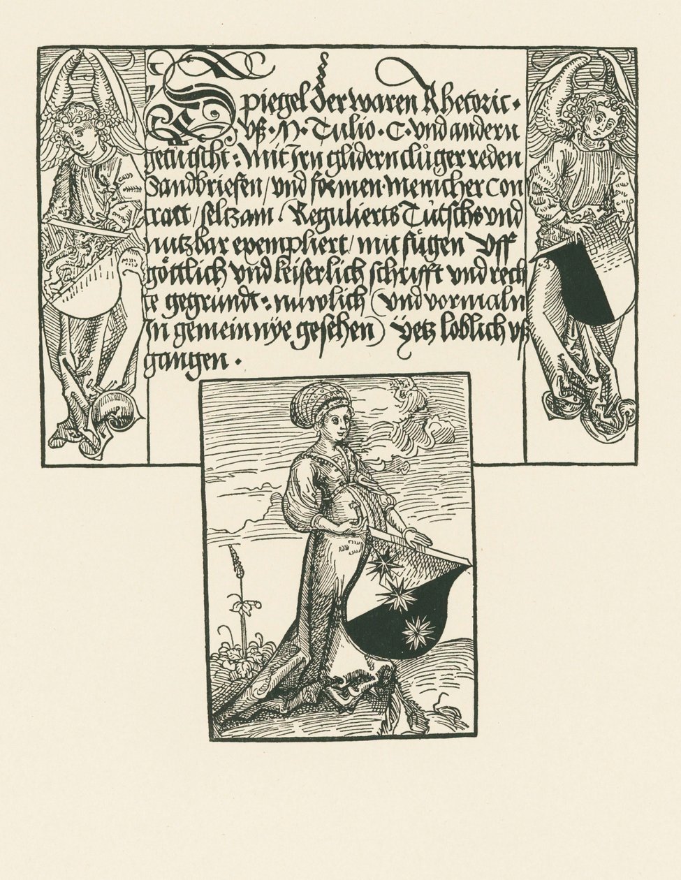 Nuori nainen pitelee vaakunaa tekijältä Albrecht Dürer or Duerer