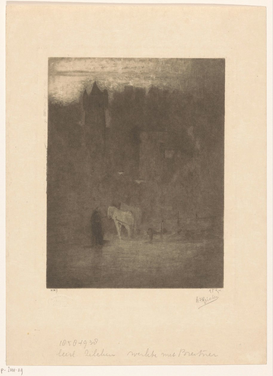 Figuuri ja kaksi hevosta linnassa sumussa tekijältä Albrecht Felix Reicher (signed by artist)