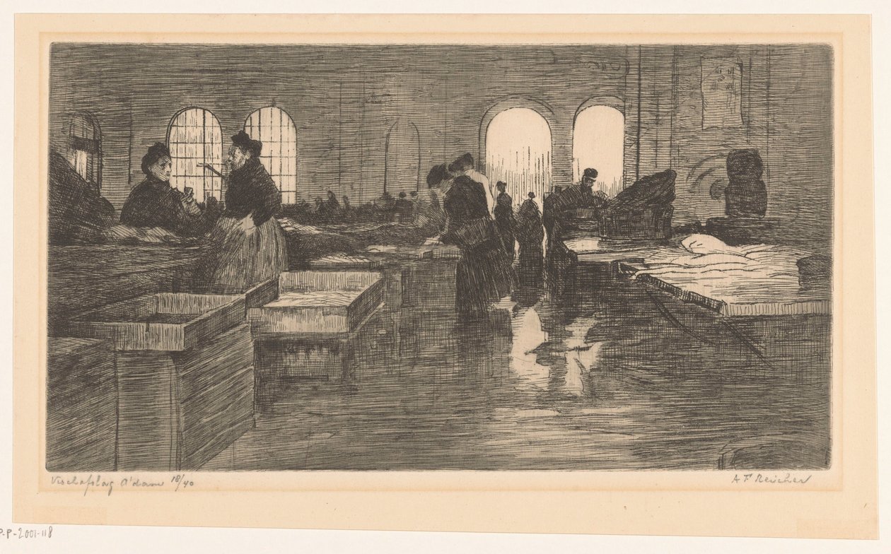 Vismarktin sisätilat Nieuwmarktissa Amsterdamissa Amsterdamin kalahuutokauppa (alkuperäinen nimi esineessä) tekijältä Albrecht Felix Reicher (signed by artist)