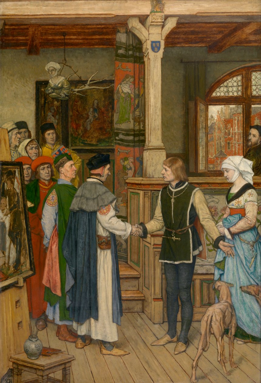 Tuomarit vierailevat Jan van Eyckin työpajassa (öljy kankaalle) tekijältä Albrecht de Vriendt