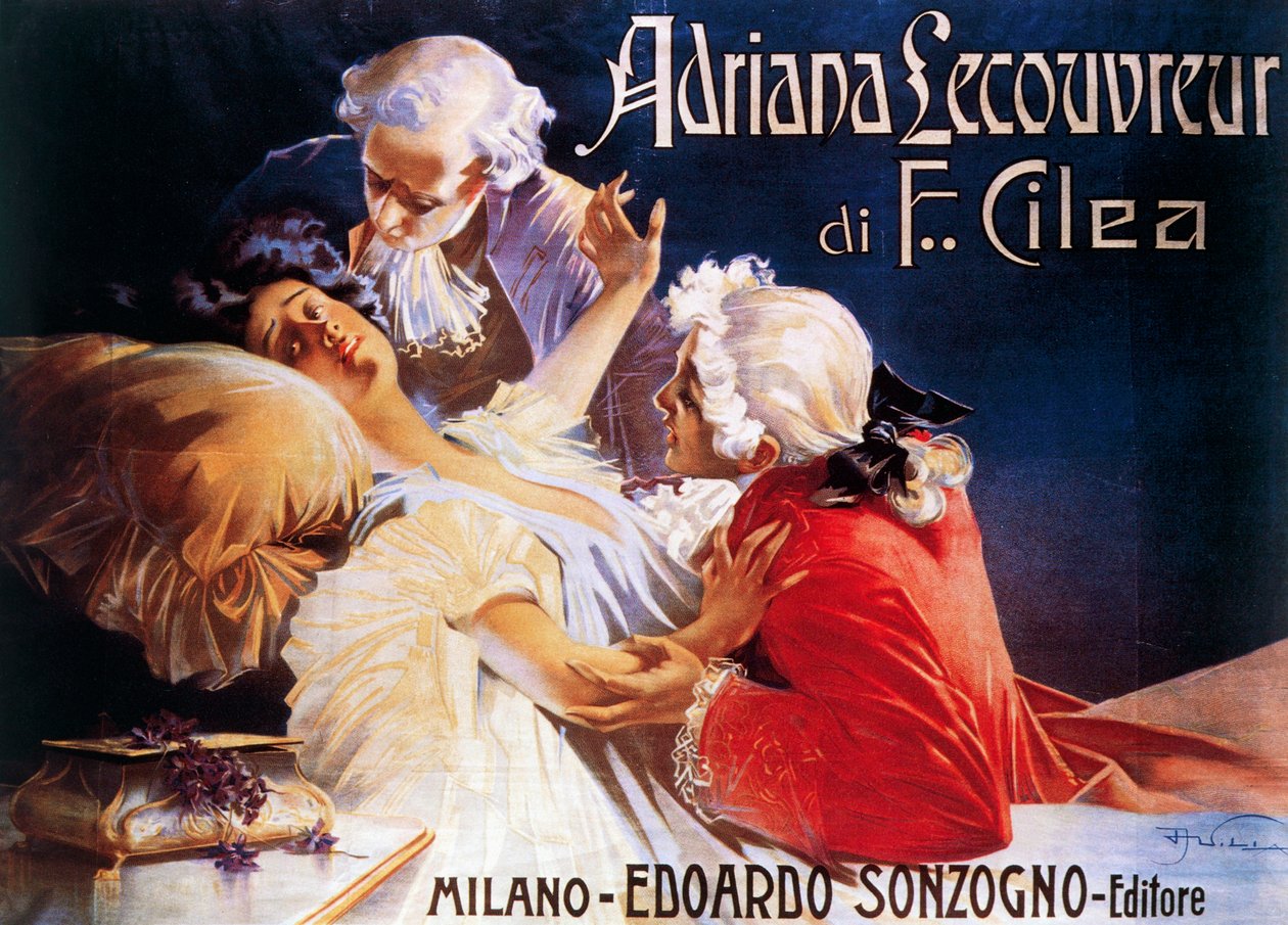 Juliste oopperaan Adriana Lecouvreur, kirjoittanut Francesco Cilea (1866-1950) tekijältä Aleardo Villa
