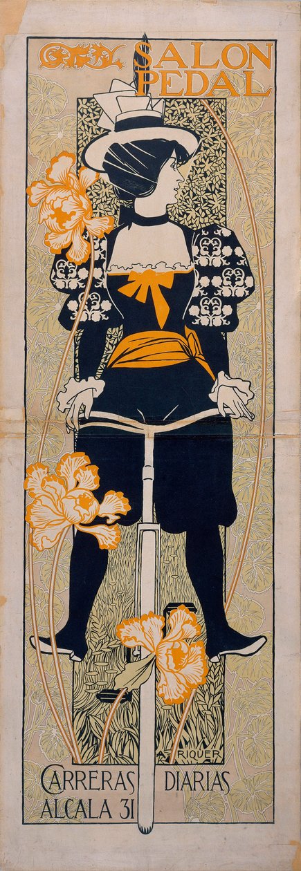 ""Salon Pedal"" Mainos pyöräilyradalle Malagassa (Espanja) - Alexandre de Riquer i Yngladan (1856-1920) litografia tekijältä Alejandro de Riquer