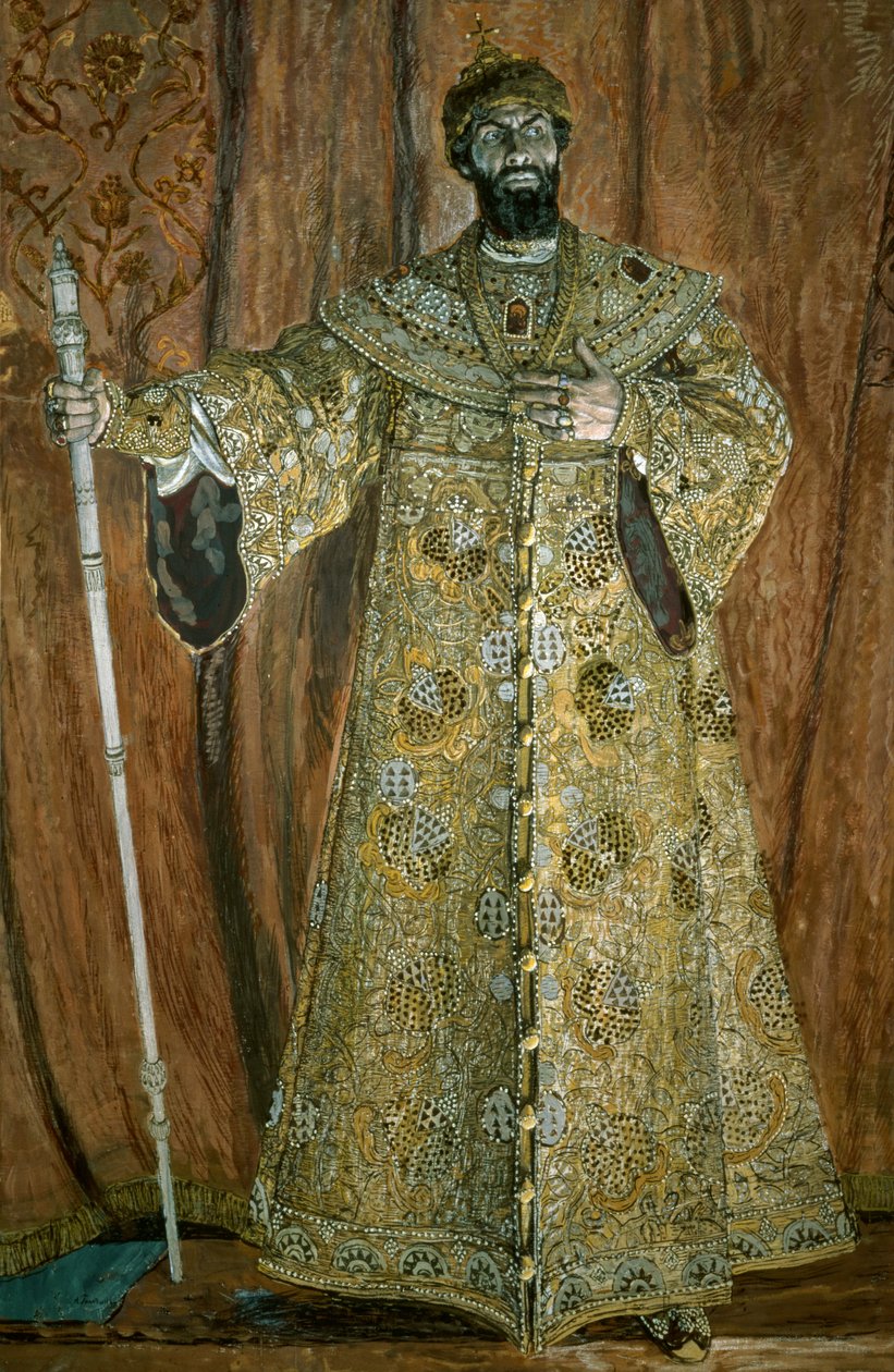 Muotokuva Feodor Ivanovich Chaliapinista (1873-1938) Boris Godunovina, 1912 (guassi, pastelli, liitu ja kulta kankaalle) tekijältä Aleksandr Jakovlevic Golovin