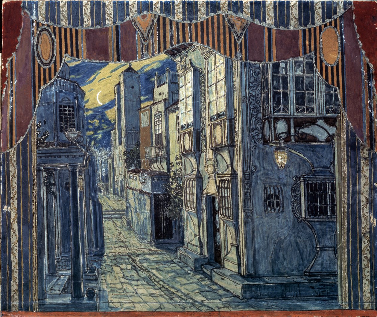 Lavastus Sevillan parturiin, Gioachino Rossini, 1924 tekijältä Aleksandr Jakovlevic Golovin