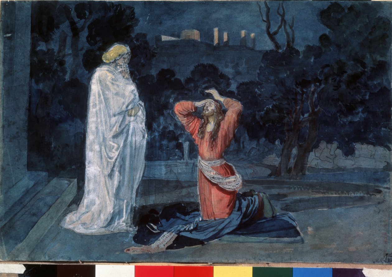 Jeesus oliivipuutarhassa (tai Getsemanen puutarhassa) (Jeesus Getsemanen puutarhassa). Aleksanteri Andrejevitš Ivanovin (1806-1858) teos, akvarelli paperille, noin 1840. 1800-luvun venäläinen taide. Valtion Tretjakovin galleria, Moskova (Venäjä). tekijältä Aleksandr Andreevich Ivanov