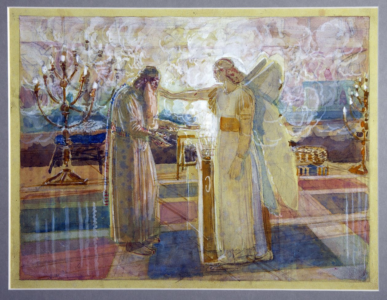 Arkkienkeli Gabriel lyö Zakariasta tyhmäksi - Aleksanteri Andrejevitš Ivanovin (1806-1858) työ, akvarelli ja valkoinen paperille (26,2x39,9 cm), loppu 1840 - (Arkkienkeli Gabriel lyö Zakariasta tyhmäksi, akvarelli ja valkoinen paperille Aleksanteri Andreje tekijältä Aleksandr Andreevich Ivanov