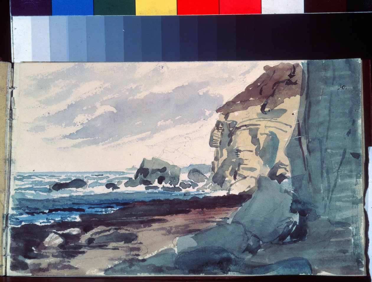 Surf. Näkymä rannalle lähellä kallioita. Aleksanteri Andrejevitš Ivanovin (1806-1858) teos, akvarelli paperille tekijältä Aleksandr Andreevich Ivanov