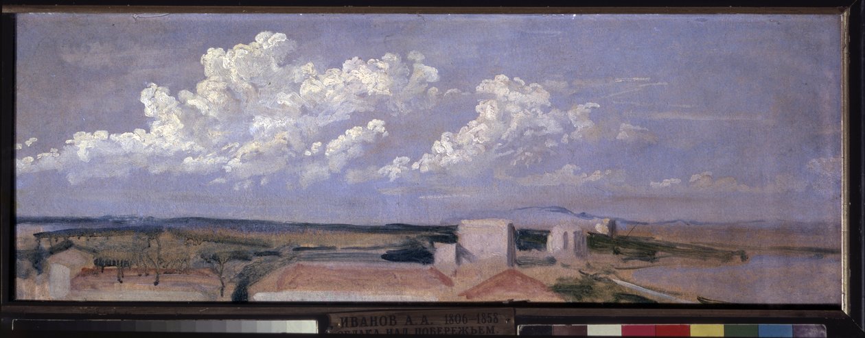 Pilviä meren rannikolla. Maisema, jossa on muutamia taloja rannikolla, suuret valkoiset pilvet. Aleksanteri Andrejevitš Ivanovin (1806-1858) teos, öljy paperille tekijältä Aleksandr Andreevich Ivanov