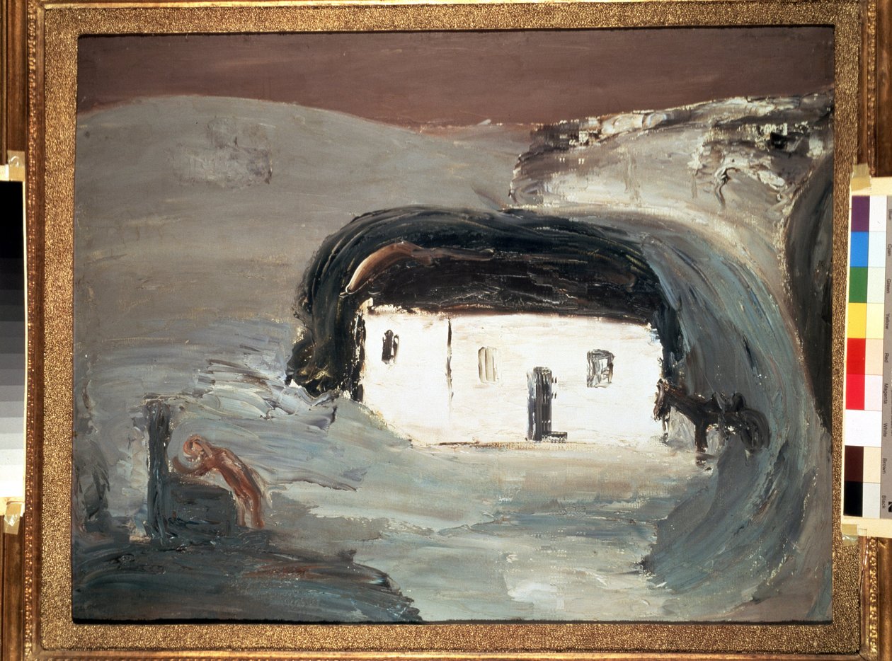 Maisema valkoisen talon kanssa. Alexander Davidovich Drevinin (1889-1938) maalaus. Öljy kankaalle, 74 x 92 cm tekijältä Aleksandr Davidovic Drevin