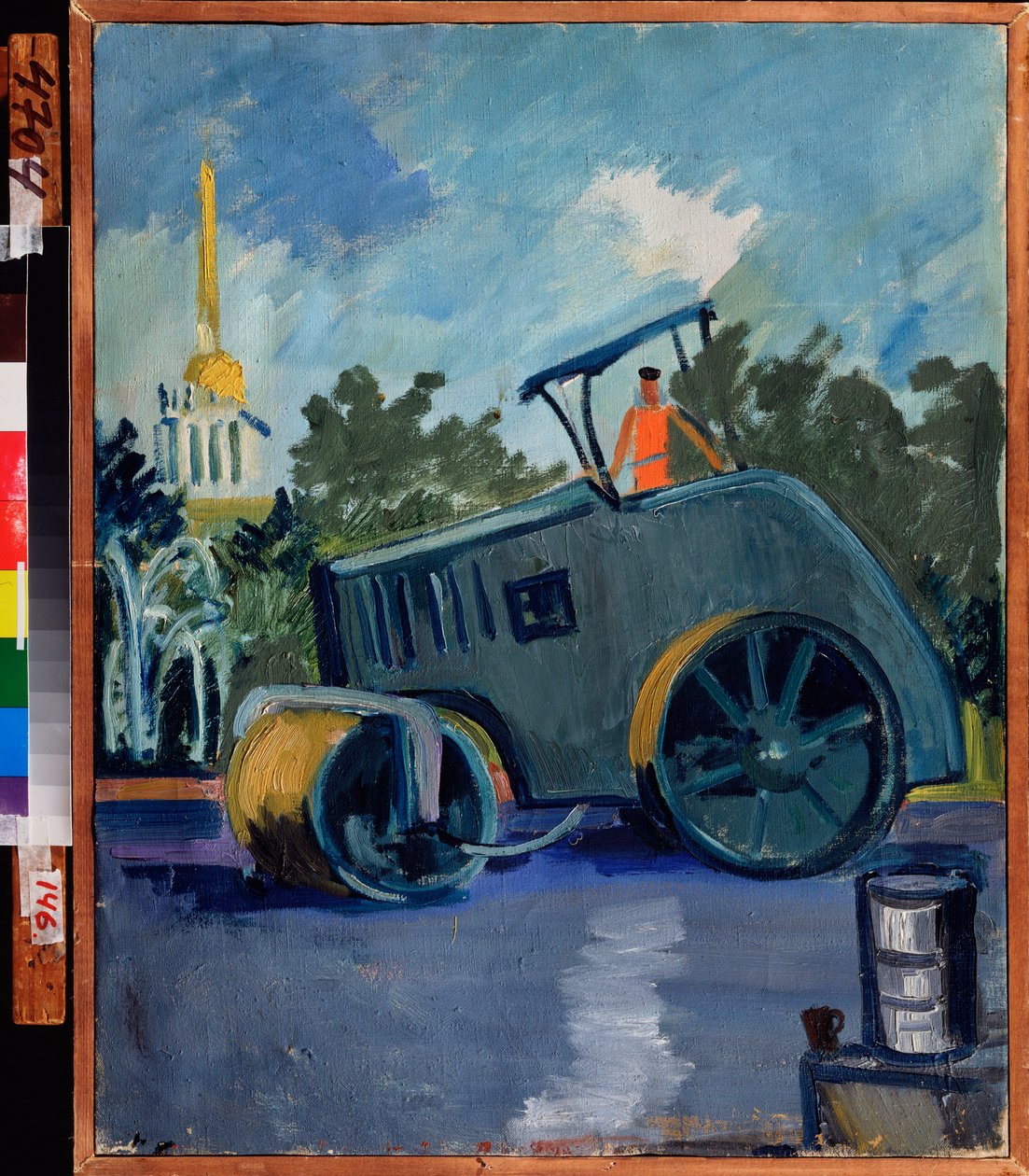 Asfalttipäällystys. (Kone laskee asfalttia kadulle). Maalaus Alexander Isaakovich Rusakov (1898-1952), öljy kankaalle tekijältä Aleksandr Isaakovich Rusakov