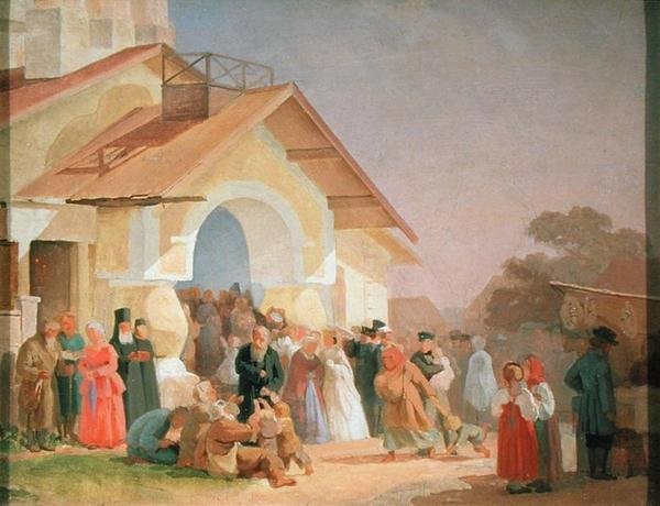 Kirkosta ulos Pihkovan kirkosta, 1863-64. tekijältä Aleksandr Ivanovich Morozov
