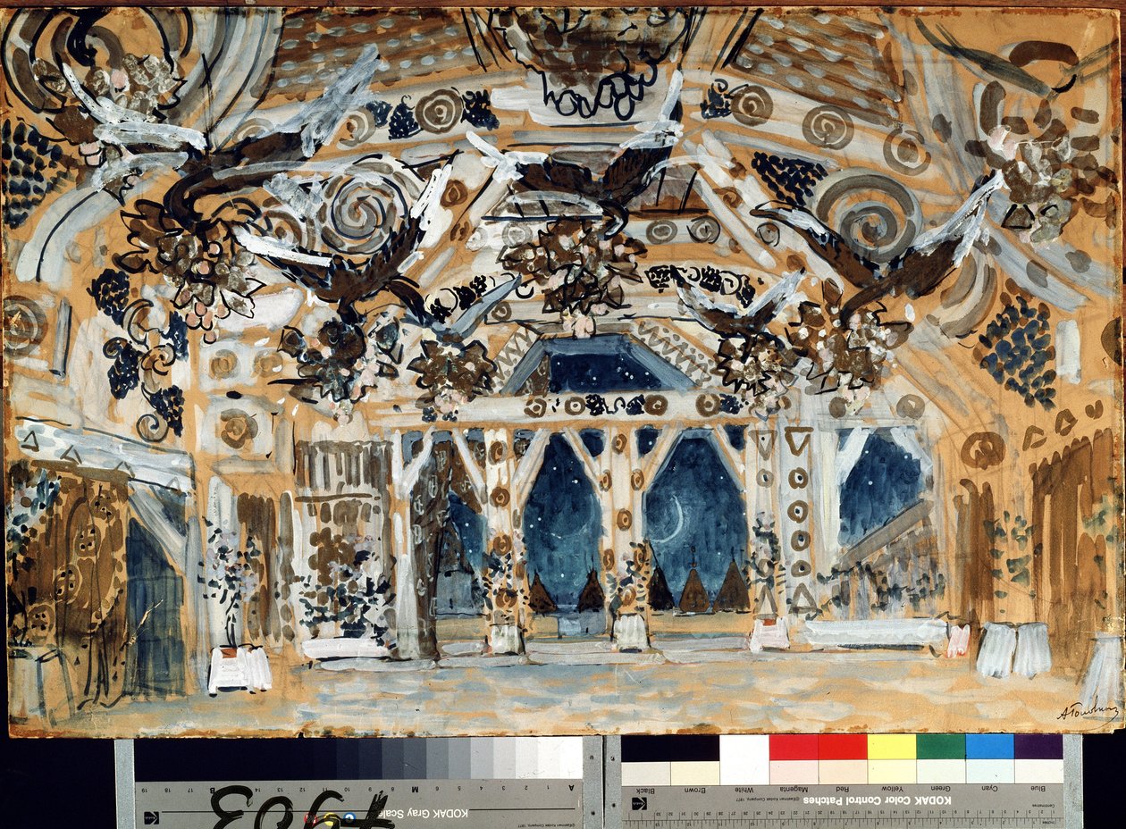 Decor pour la piece de teatr La Dame de la mer de Henrik (Henri) Johan Ibsen (1828-1906) (Lavastus H. Ibsenin teatterinäytelmään Lady from the Sea). Aleksanteri Jakovlevich Golovinin (Alexandre Golovine) (1863-1930) teos, pastelli, sur kartonki tekijältä Aleksandr Jakovlevic Golovin