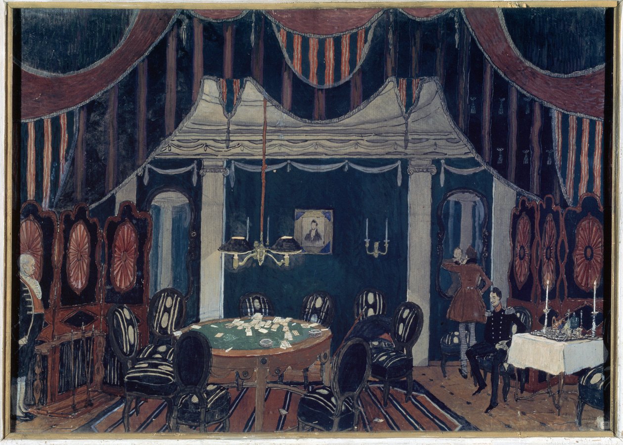 Mihail Lermontovin (1814-1841) teatterin "La mascarade" -sisustus (Mihail Lermontovin teatterinäytelmän The Masquerade lavastaminen) - Alexander Yakovlevich Golovinin kuva (Alexandre Golovine) (1863-1930), tempera sur tekijältä Aleksandr Jakovlevic Golovin