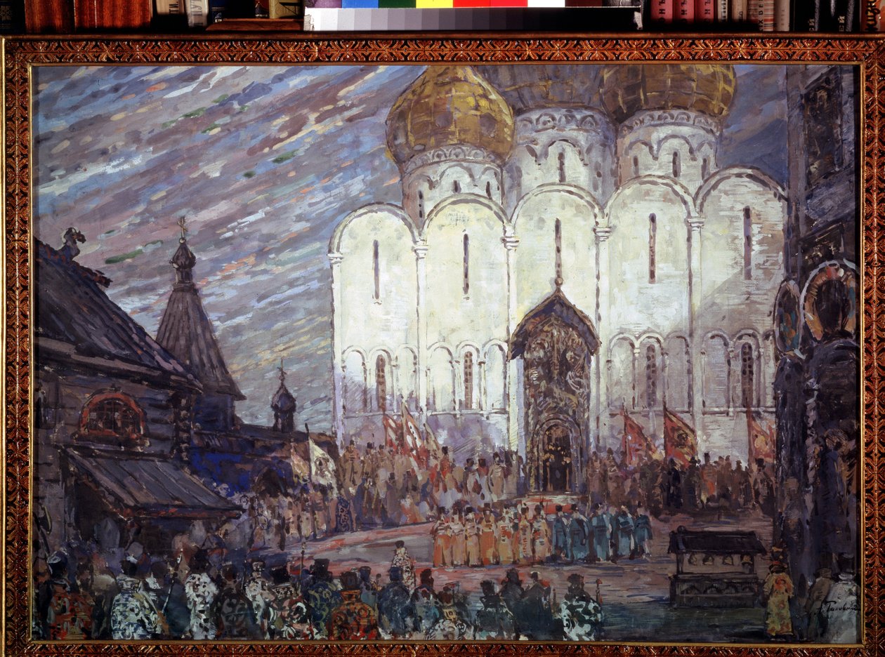 Modeste Mussorgskin (1839-1881) oopperan ""Boris Godunov"" valmisteleva sisustus (Boris Godunov-oopperan lavastus, M. Moussorgsky). Aleksanteri Jakovlevich Golovin (Aleksandri Golovin) (1863-1930) työ, guassi pahville tekijältä Aleksandr Jakovlevic Golovin