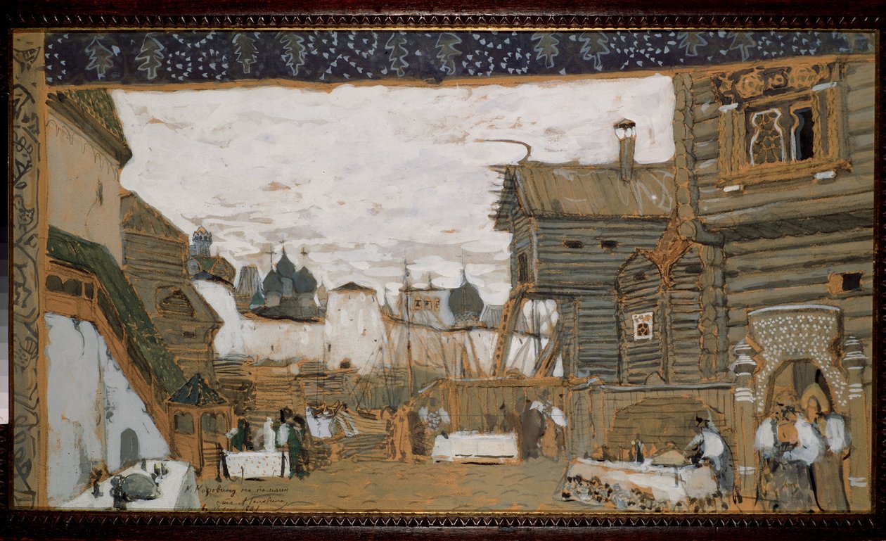 Valmistelusarja Nikolai (Nikolain) Rimski Korsakovin (Rimski-Korsakovin) (1844-1908) oopperaan Pihkovan neito (N. Rimski Korsakovin (Rimski-Korsakovin) Pihkovan neito oopperan lavastus. ). Näkymä lasten anime paikka tekijältä Aleksandr Jakovlevic Golovin
