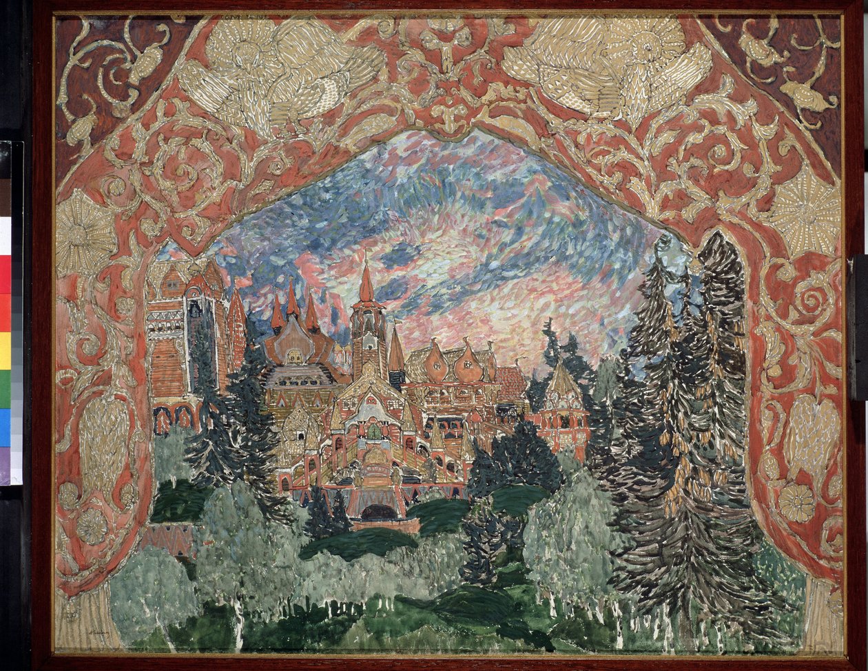 Valmisteleva sisustus Arseni Koretšenkon (1870-1921) oopperaan Taikapeili (A.Koreštšenkon Taikapeili-oopperan lavastus). Kuvaus venäläisestä kaupungista metsässä, koristeltujen verhojen kehystettynä. Taide Alexander Yakovlevich tekijältä Aleksandr Jakovlevic Golovin