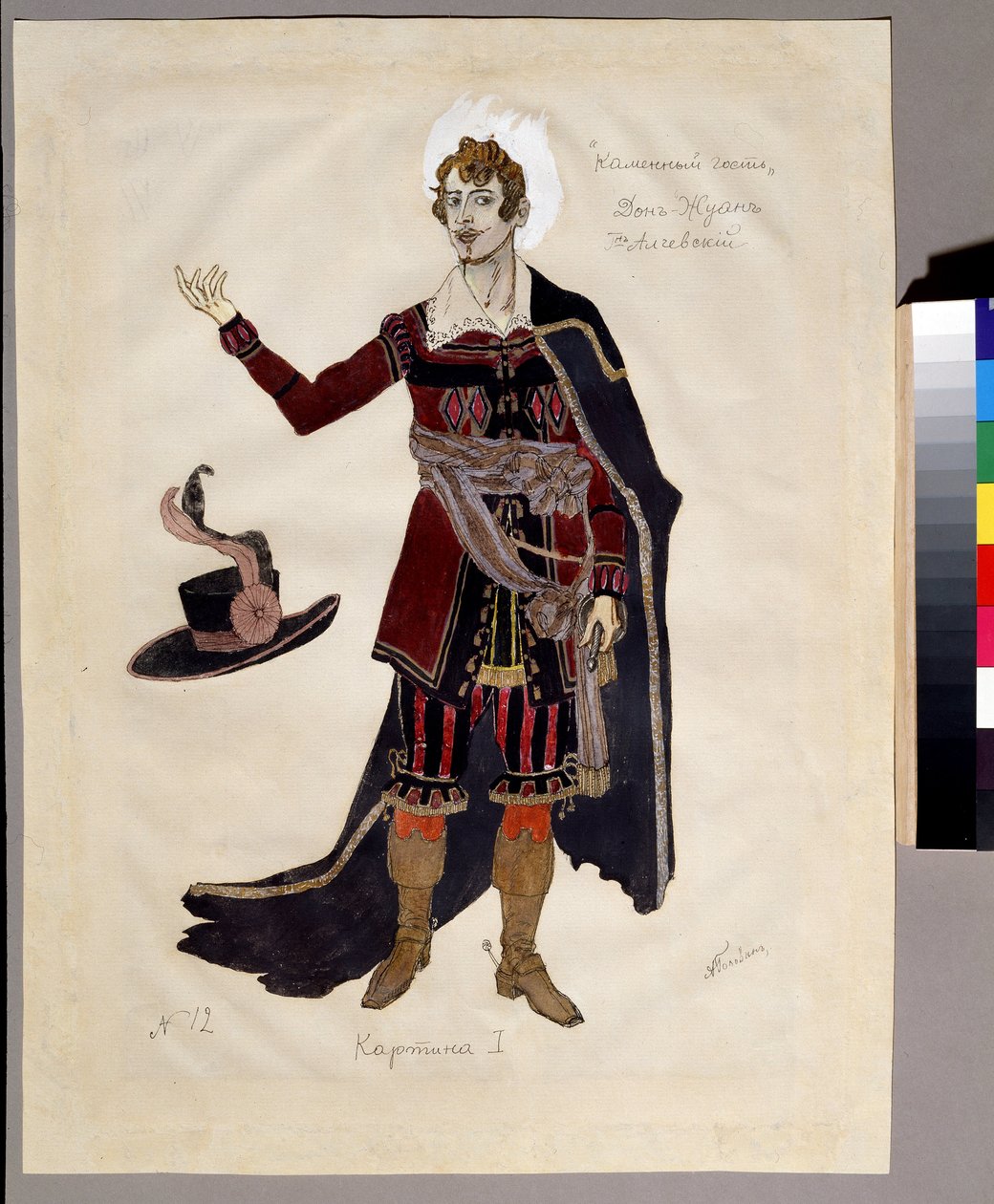 Pukusuunnittelu Alexandre Dargomyjskin (1813-1869) oopperaan "Le guest de pierre" (A. Dargomyzhskyn pukusuunnittelu oopperaan Kivivieras). Aleksanteri Jakovlevich Golovinin työ (Aleksanteri Golovin) (1863-1930); Akvarelli, guassi ja e tekijältä Aleksandr Jakovlevic Golovin