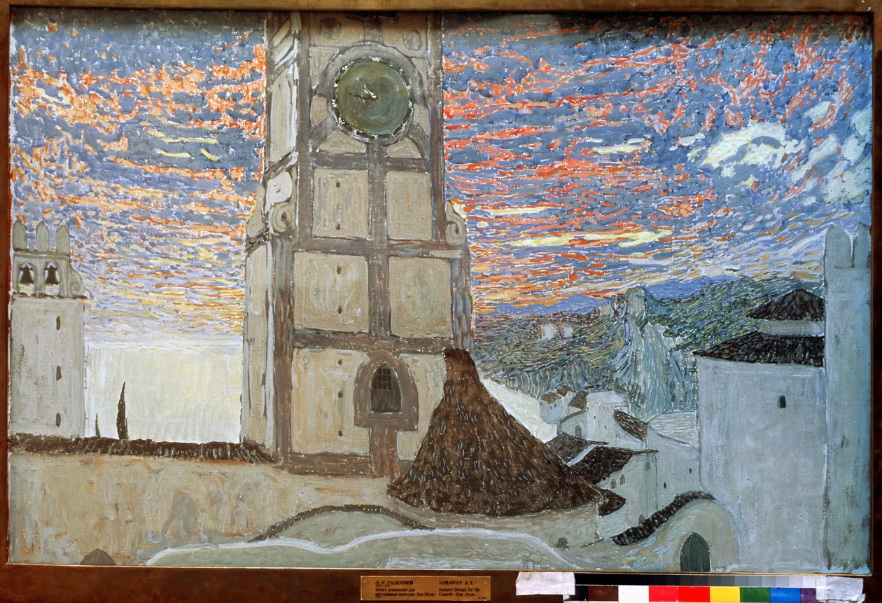 Sisilian kylä, Molièren lavastus Dom Juanille, 1910 (tempera kankaalle) tekijältä Aleksandr Jakovlevic Golovin