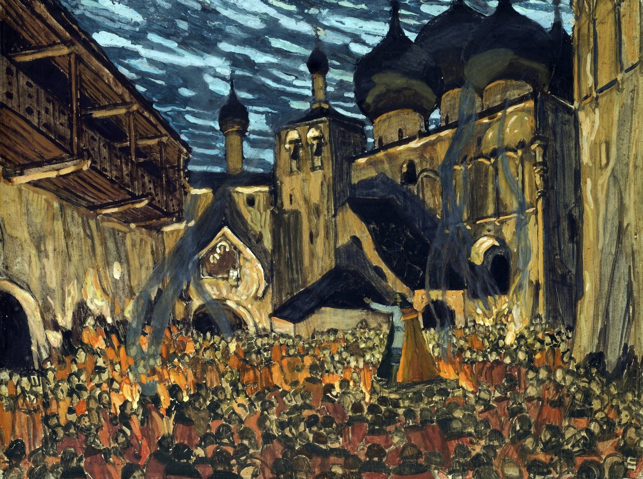 Lavastus N. Rimski-Korsakovin Pihkovan piika oopperaan - Golovin, Aleksandr Jakovlevich (1863-1930) - 1901 - Tempera pahville - 39x52 - Yksityiskokoelma tekijältä Aleksandr Jakovlevic Golovin