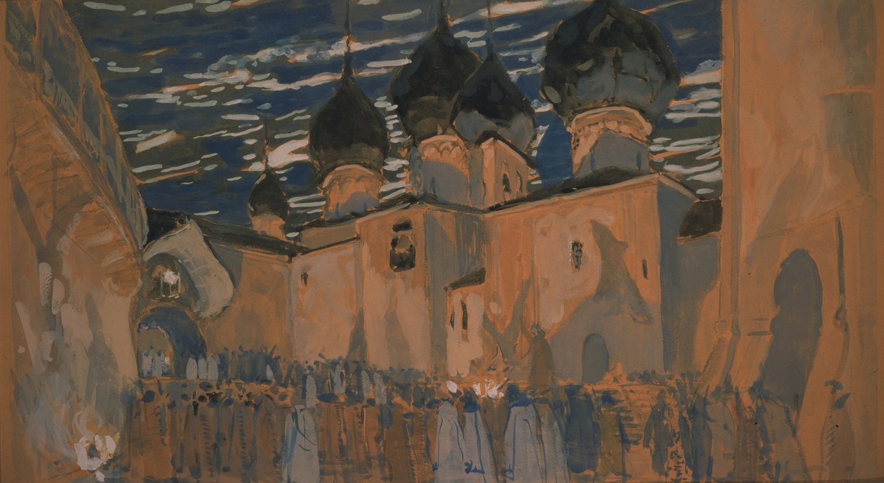 Lavastus N. Rimski-Korsakovin oopperaan Pihkovan neito, 1901 tekijältä Aleksandr Jakovlevic Golovin