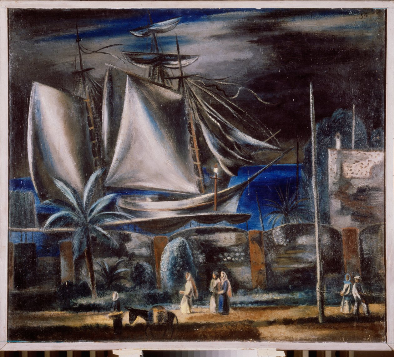 Port marin, la nuit (Korkea laiva seisoo Mustallamerellä) - Merisatama yöllä - Aleksanteri Vasilyevich Shevchenkon (Aleksandri Ševtšenko) maalaus (1883-1948), öljy kankaalle tekijältä Aleksandr Vasilievich Shevchenko