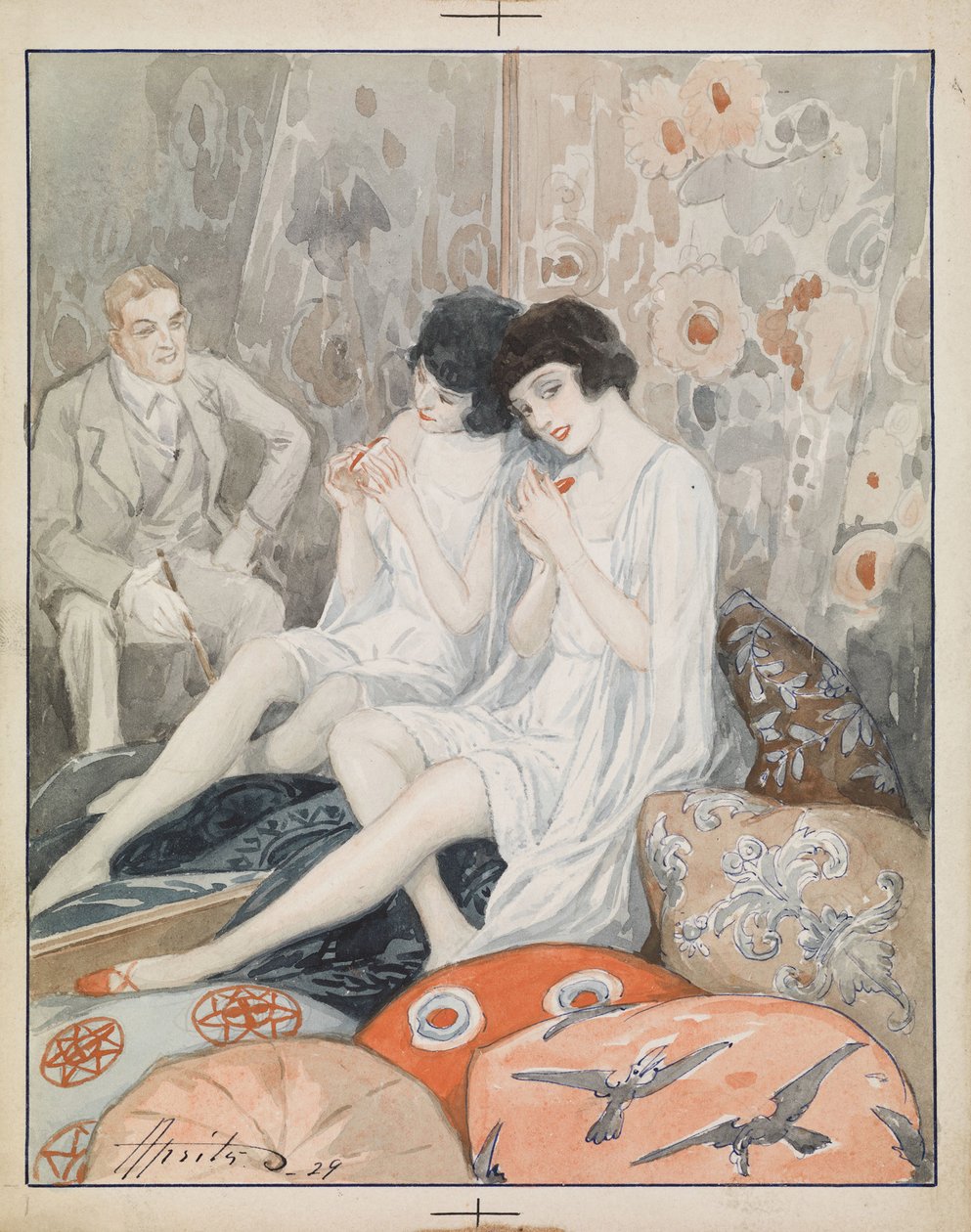 ""Nainen buduaarissa"" (Lady in Her Boudoir) Vesiväri Alexander Apsit (1880-1944) tekijältä Aleksandrs Apsit