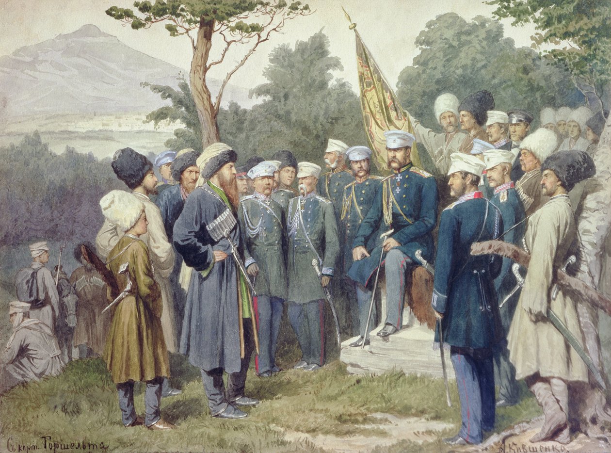 Kaukasian johtaja Shamil (n. 1798-1871) antautui kreivi Barjatinskille vuonna 1859, 1880 tekijältä Aleksei Danilovich Kivshenko