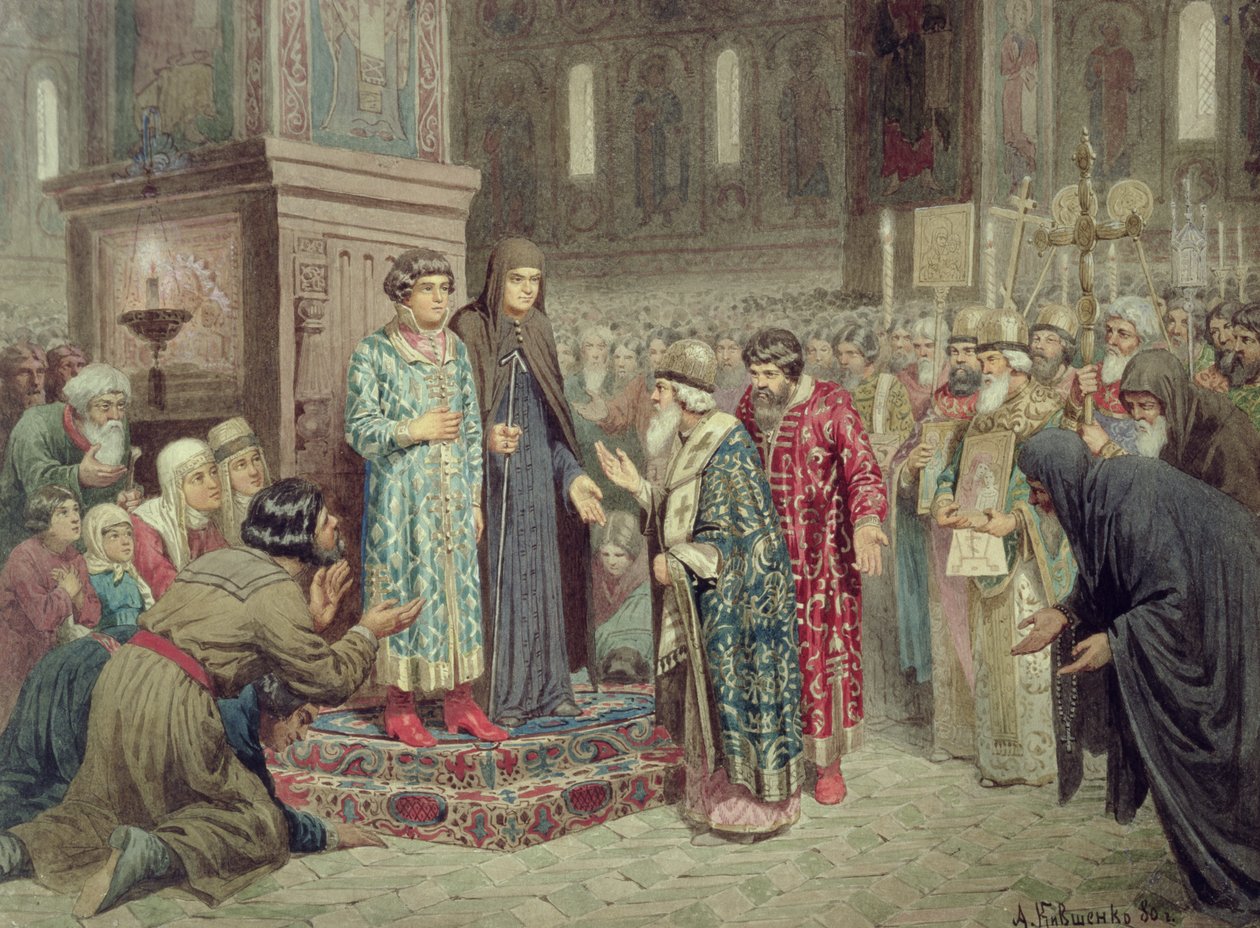 Neuvosto kutsuu Michael F. Romanovin (1596-1645) valtakuntaan, 1880 tekijältä Aleksei Danilovich Kivshenko