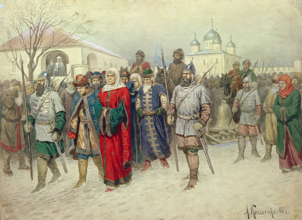 Suur-Novgorodin liittyminen, novgorodilaisten lähtö Moskovaan, 1880 tekijältä Aleksei Danilovich Kivshenko