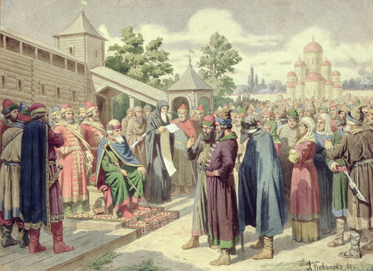 Säännöstön lukeminen Novgorodin suurruhtinas Jaroslavin läsnäollessa, 1880 (wc kankaalle) tekijältä Aleksei Danilovich Kivshenko
