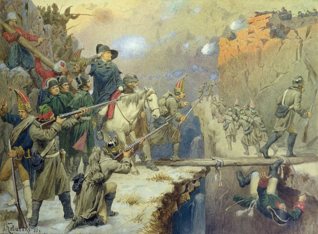 Suvorov ylittämässä Paholaisen siltaa 1799, 1880 tekijältä Aleksei Danilovich Kivshenko
