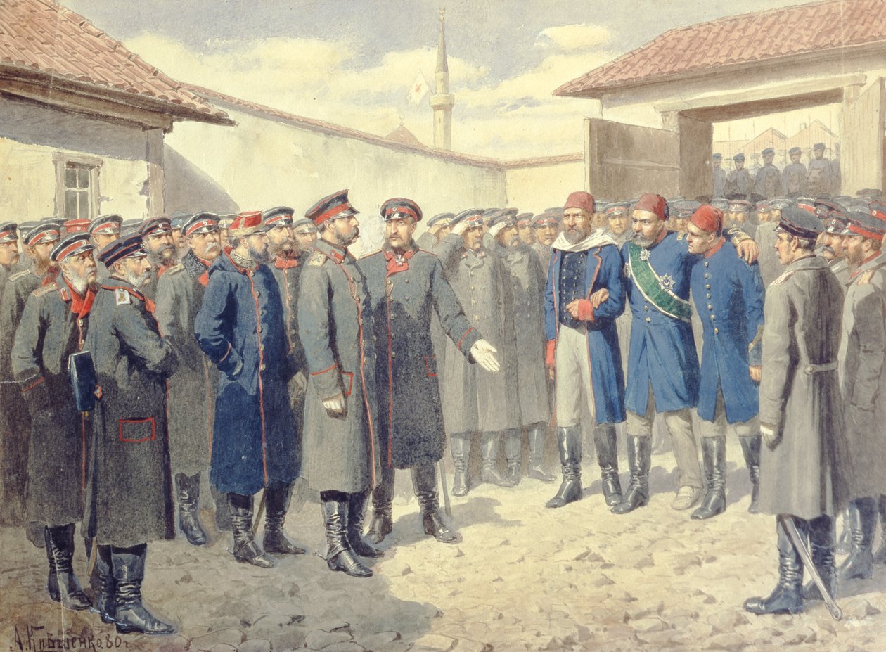 Plevnan kaatuminen, haavoittunut Osman-Pashah Aleksanteri II:n (1818-1881) edessä, 1880. tekijältä Aleksei Danilovich Kivshenko