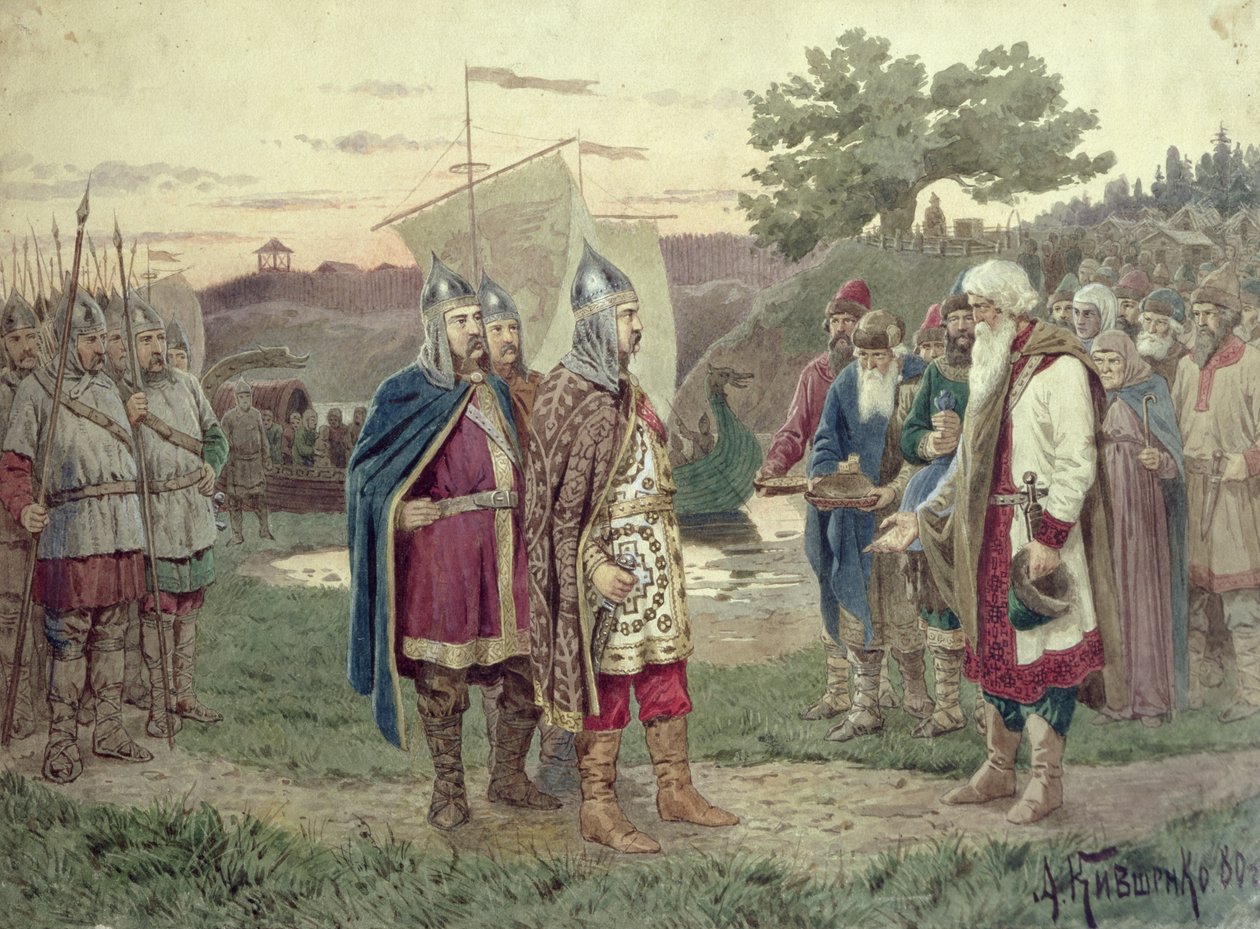 Suurherttuan tapaaminen slaavilaisen kaupungin ihmisten kanssa 800-luvulla, 1880 tekijältä Aleksei Danilovich Kivshenko