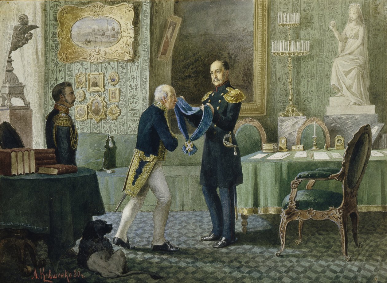 Keisari Nikolai I palkitsee Pyhän Andreaksen ritarikunnan sinisen nauhan kreivi Michail Speranskylle, 1880 tekijältä Aleksei Danilovich Kivshenko