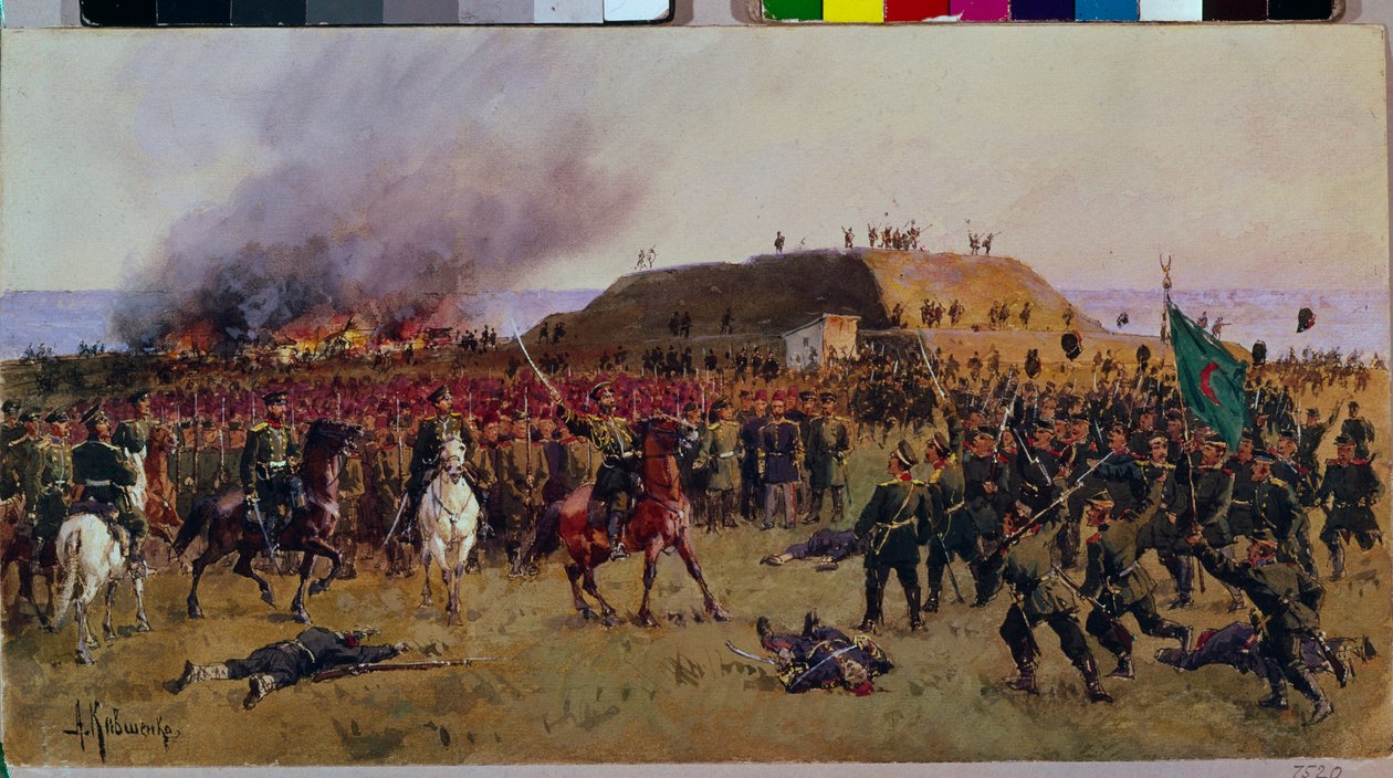 Gorni Dubnikin (Gorni-Dubnik) linnoituksen valtaus 24. lokakuuta 1877. Venäjän ja Turkin sota: Venäjän armeijan kasakkojen ja Ottomaanien valtakunnan sotilaiden välinen taistelukohtaus, sotilaallinen episodi läpikulun hallintaan Shipka (Bulgaria). tekijältä Aleksei Danilovich Kivshenko